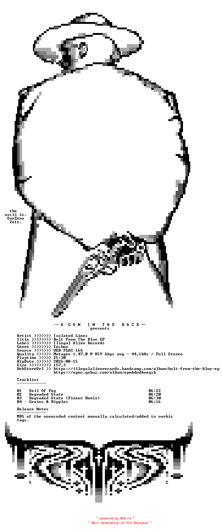 NFO for the release Isolated_Lines-Bolt_From_The_Blue_EP-(IAR219)-16BIT-WEB-FLAC-2018-AGITB by AGITB