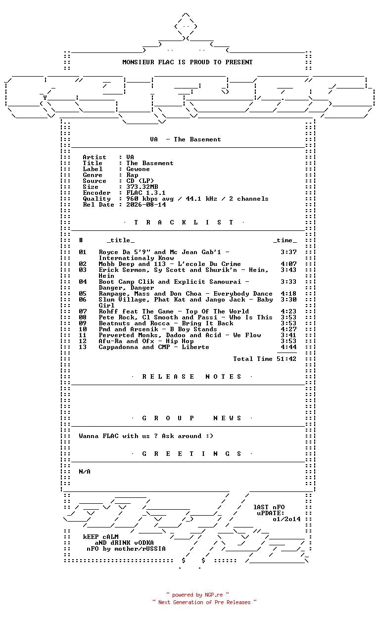 NFO for the release VA-The_Basement-FR-CD-FLAC-2005-Mrflac by Mrflac