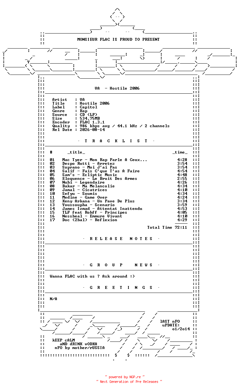 NFO for the release VA-Hostile_2006-FR-CD-FLAC-2006-Mrflac by Mrflac