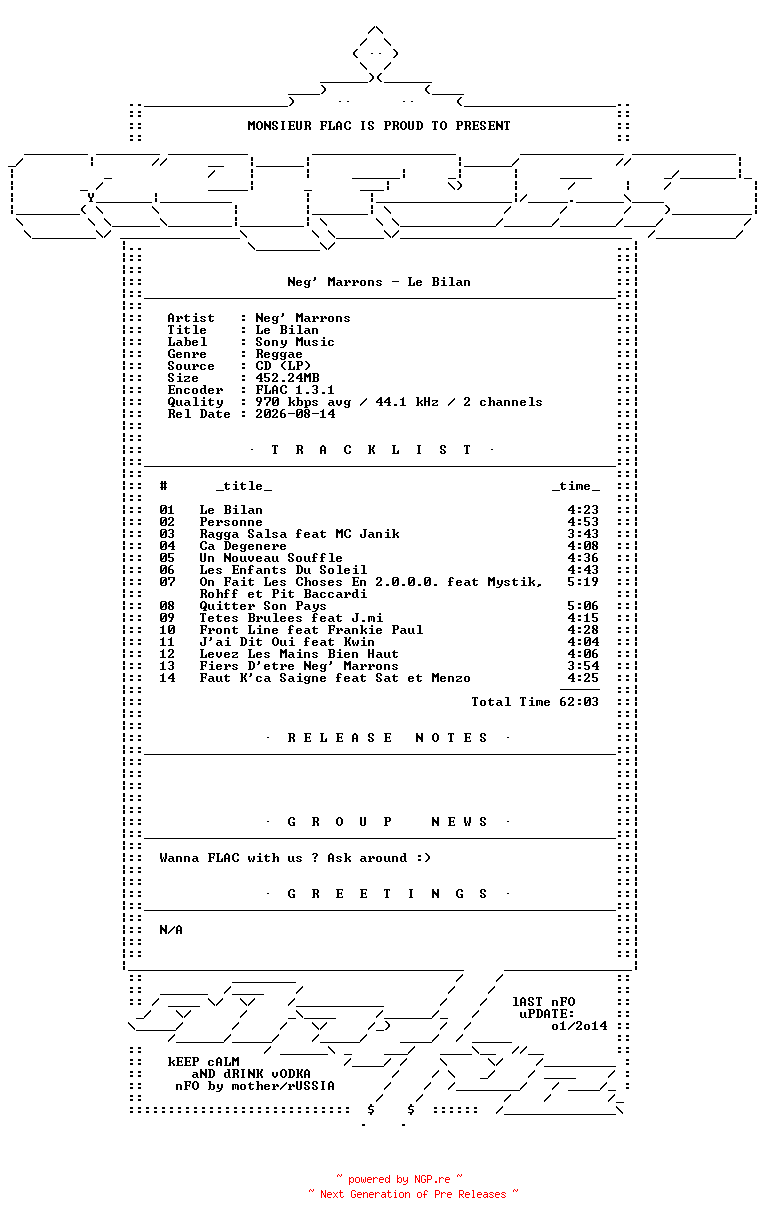 NFO for the release Neg_Marrons-Le_Bilan-FR-CD-FLAC-2000-Mrflac by Mrflac