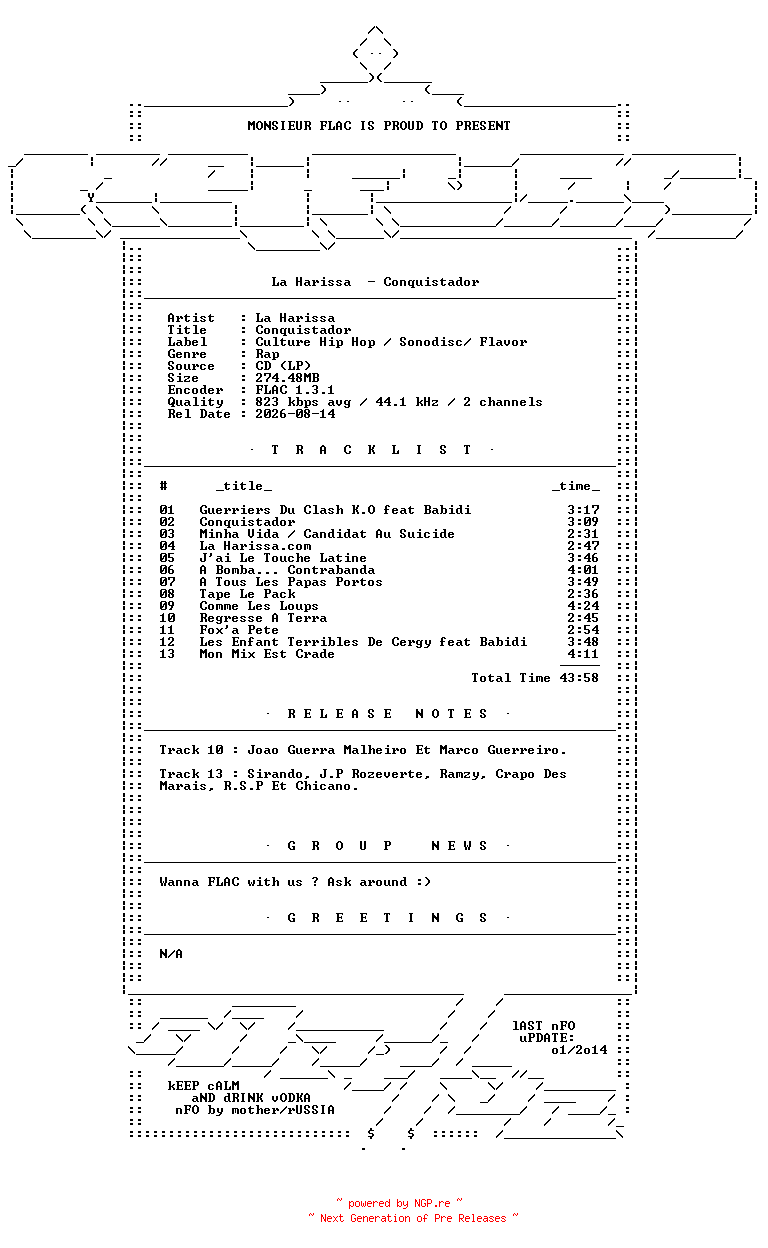 NFO for the release La_Harissa-Conquistador-FR-CD-FLAC-2000-Mrflac by Mrflac