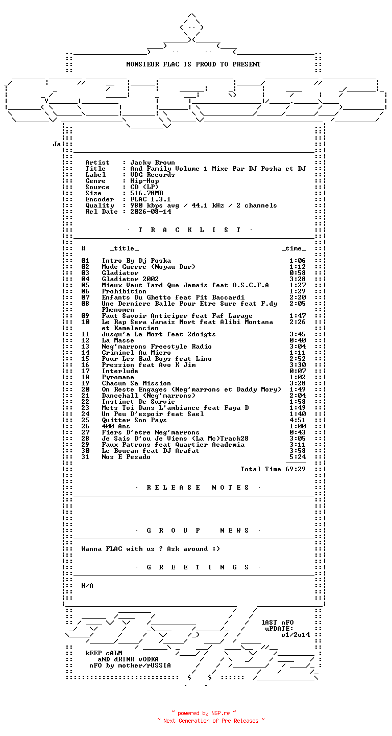 NFO for the release Jacky_Brown-and_Family_Vol_1_Mixe_Par_DJ_Poska_et_DJ_Lord_Issa-FR-CD-FLAC-2005-Mrflac by Mrflac