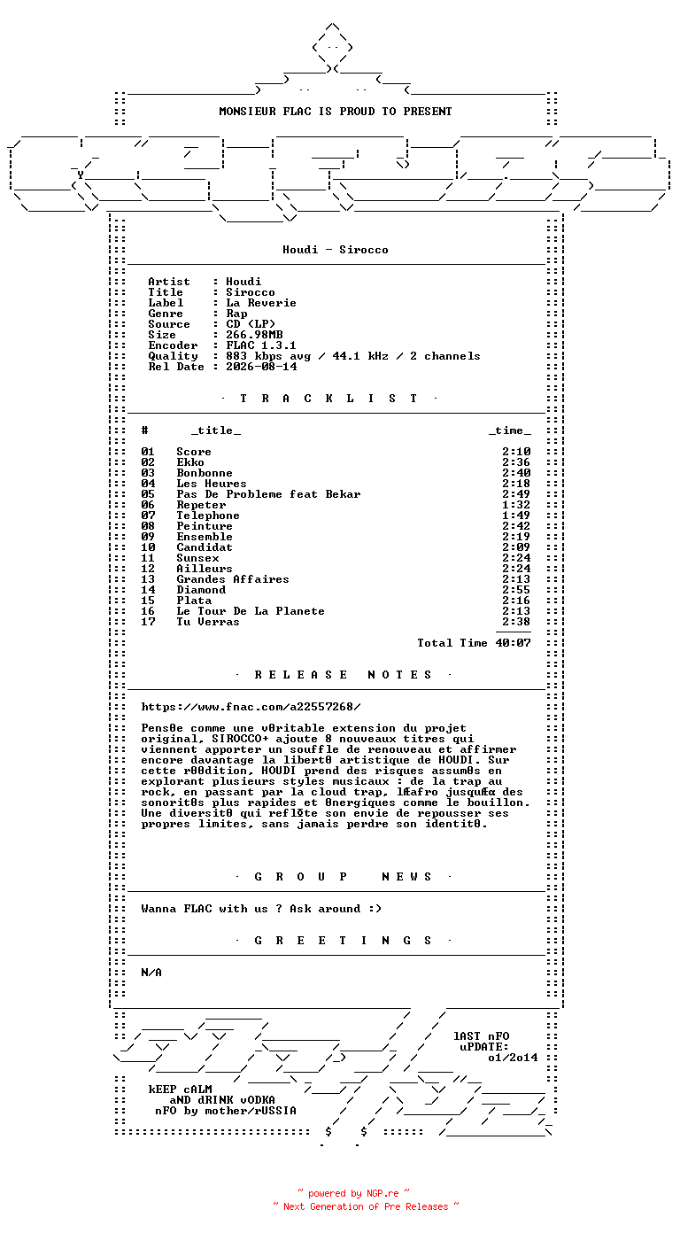 NFO for the release Houdi-Sirocco-FR-Reissue-CD-FLAC-2026-Mrflac by Mrflac