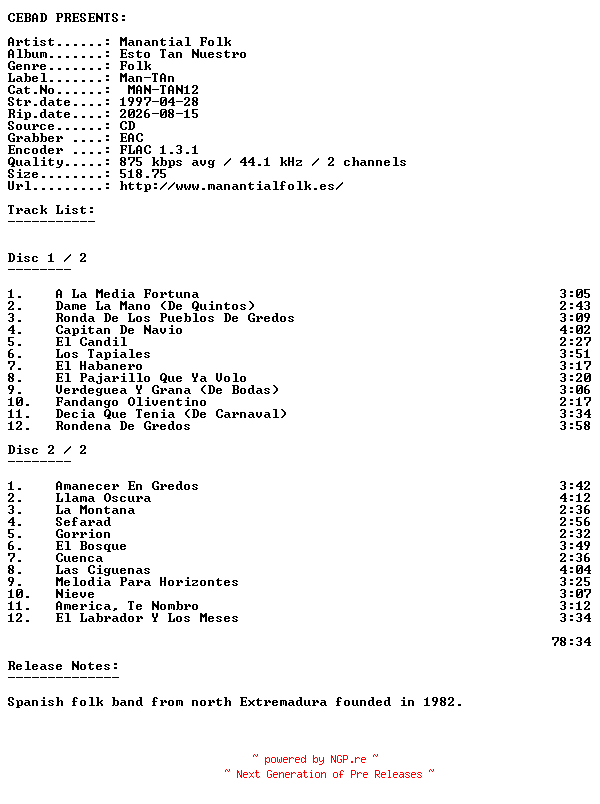 NFO for the release Manantial_Folk-Esto_Tan_Nuestro-(MAN-TAN12)-ES-2CD-FLAC-1997-CEBAD by CEBAD