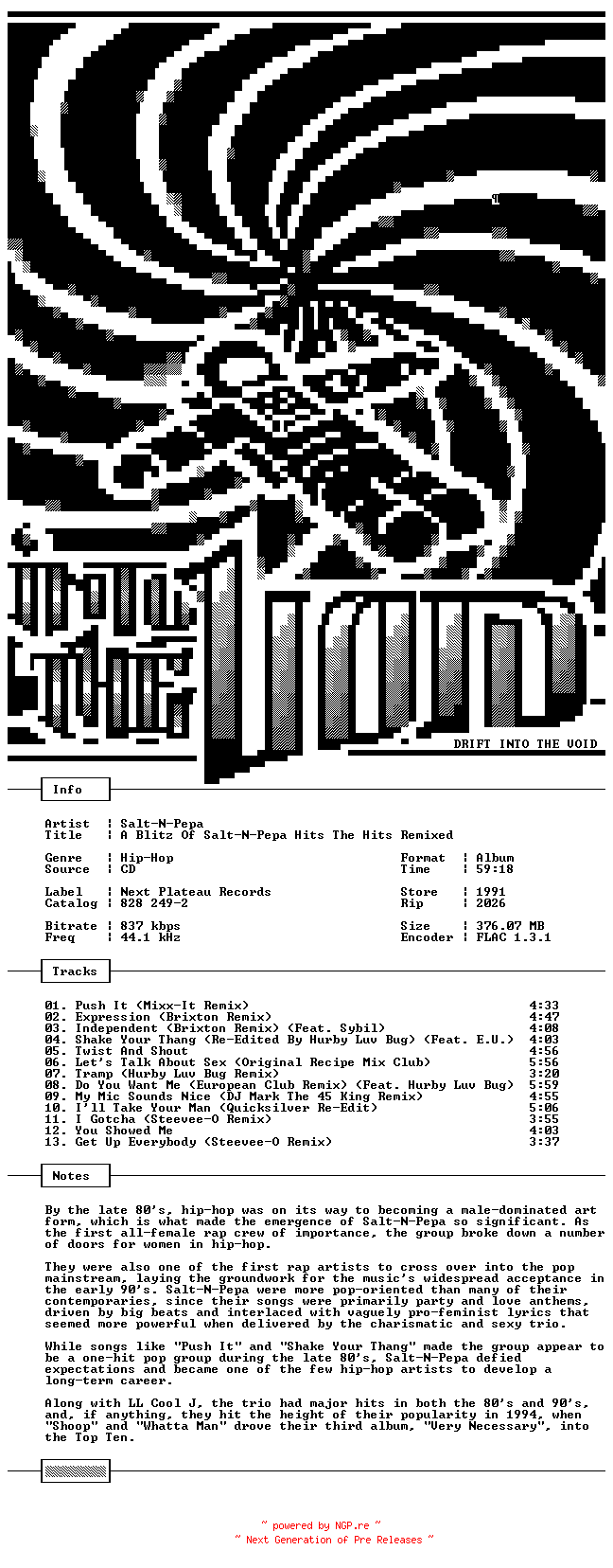 NFO for the release Salt-N-Pepa-A_Blitz_Of_Salt-N-Pepa_Hits_The_Hits_Remixed-CD-FLAC-1991-THEVOiD by THEVOiD