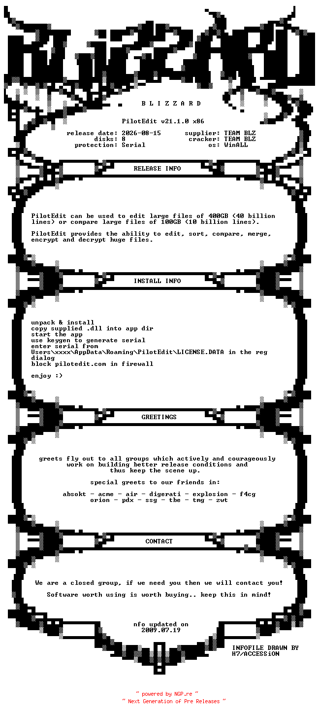 NFO for the release PilotEdit.v21.1.0.x86.WinALL.Incl.Keygen.Patch-BLiZZARD by BLiZZARD