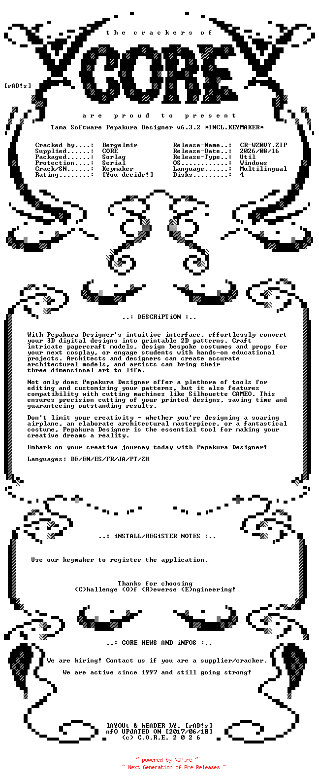 NFO for the release Tama.Software.Pepakura.Designer.v6.3.2.x64.Multilingual.Incl.Keymaker-CORE by CORE