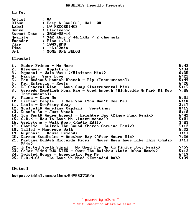 NFO for the release VA-Deep_And_Soulful_Vol._08-16BIT-WEB-FLAC-2026-RAWBEATS by RAWBEATS