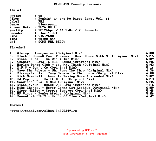 NFO for the release VA-Funkin_In_The_Nu_Disco_Lane_Vol._11-16BIT-WEB-FLAC-2026-RAWBEATS by RAWBEATS