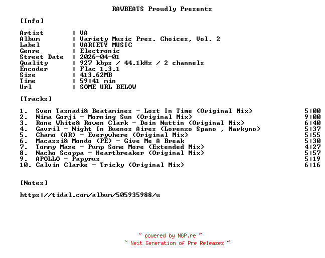NFO for the release VA-Variety_Music_Pres._Choices_Vol._2-16BIT-WEB-FLAC-2026-RAWBEATS by RAWBEATS