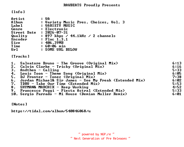 NFO for the release VA-Variety_Music_Pres._Choices_Vol._3-16BIT-WEB-FLAC-2026-RAWBEATS by RAWBEATS
