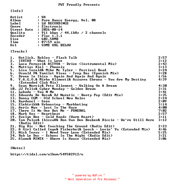 NFO for the release VA-Pure_Dance_Energy_Vol._08-16BIT-WEB-FLAC-2026-PWT by PWT