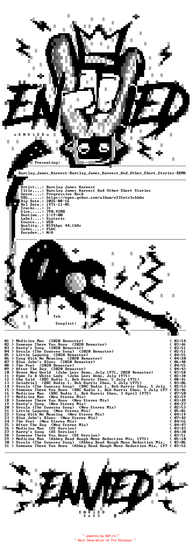 NFO for the release Barclay_James_Harvest-Barclay_James_Harvest_And_Other_Short_Stories-REMASTERED_DELUXE_EDITION-16BIT-WEB-FLAC-2020-ENViED by ENViED