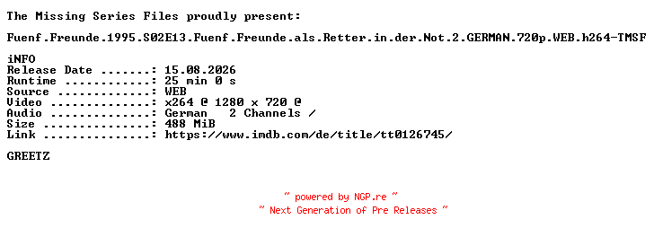 NFO for the release Fuenf.Freunde.1995.S02E13.Fuenf.Freunde.als.Retter.in.der.Not.2.GERMAN.FS.720p.WEB.h264-TMSF by TMSF