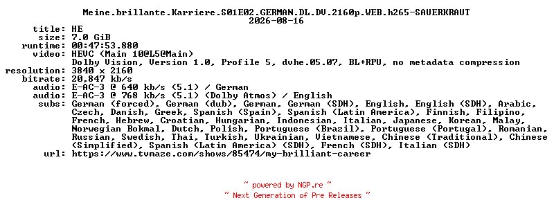 NFO for the release Meine.brillante.Karriere.S01E02.GERMAN.DL.DV.2160p.WEB.h265-SAUERKRAUT by SAUERKRAUT