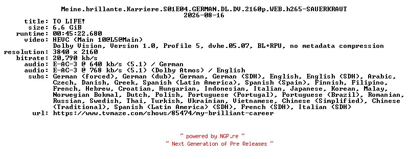 NFO for the release Meine.brillante.Karriere.S01E04.GERMAN.DL.DV.2160p.WEB.h265-SAUERKRAUT by SAUERKRAUT