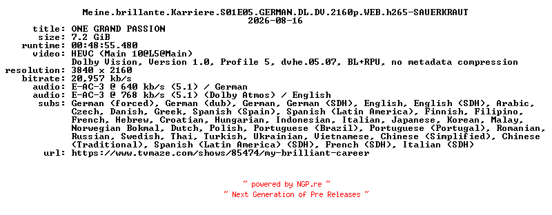 NFO for the release Meine.brillante.Karriere.S01E05.GERMAN.DL.DV.2160p.WEB.h265-SAUERKRAUT by SAUERKRAUT