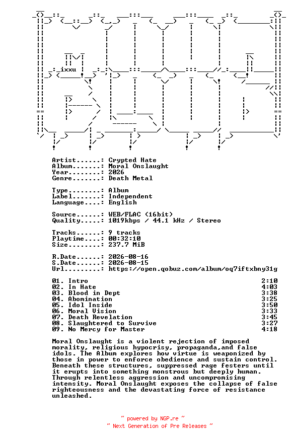 NFO for the release Crypted_Hate-Moral_Onslaught-16BIT-WEB-FLAC-2026-MOONBLOOD by MOONBLOOD
