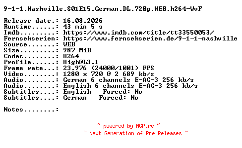 NFO for the release 9-1-1.Nashville.S01E15.German.DL.720p.WEB.h264-WvF by WvF