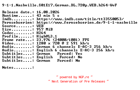 NFO for the release 9-1-1.Nashville.S01E17.German.DL.720p.WEB.h264-WvF by WvF
