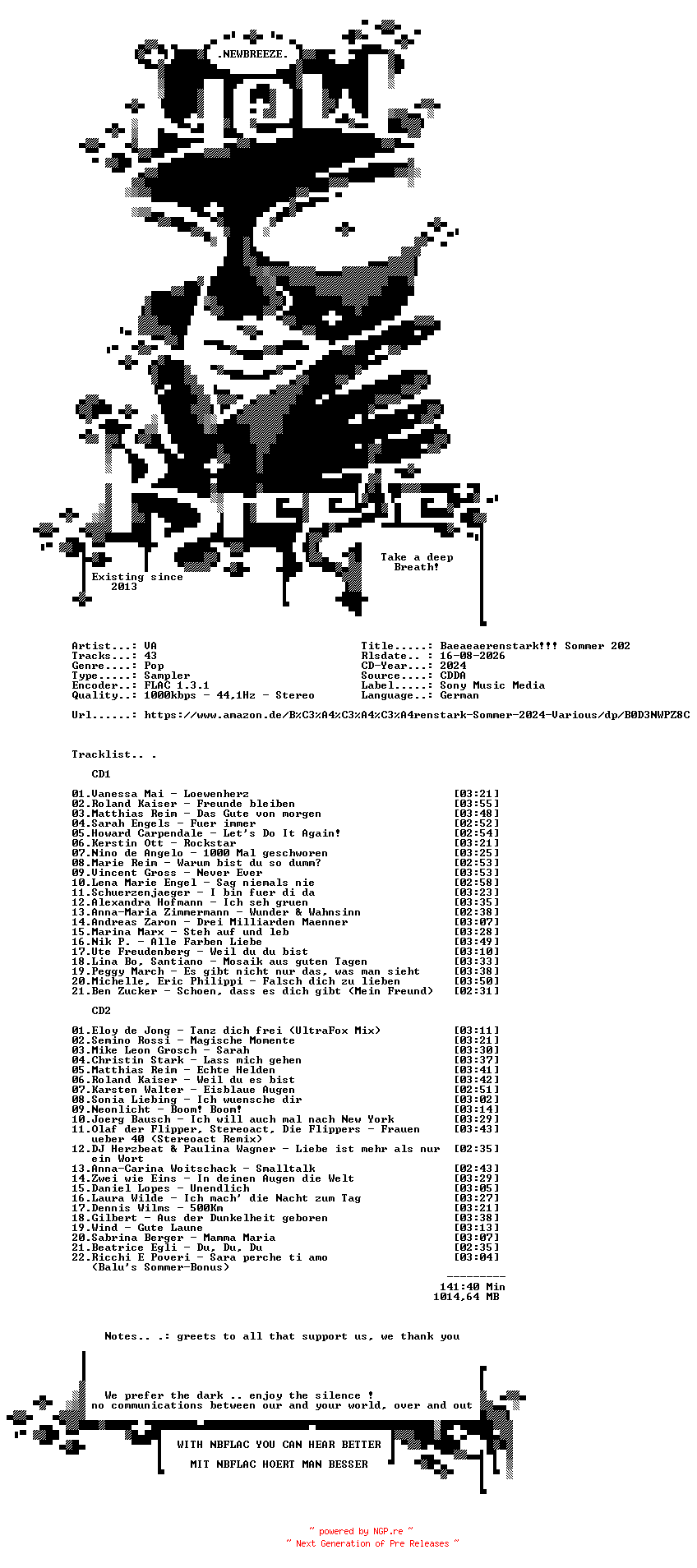 NFO for the release VA-Baeaeaerenstark_Sommer_2024-DE-2CD-FLAC-2024-NBFLAC by NBFLAC
