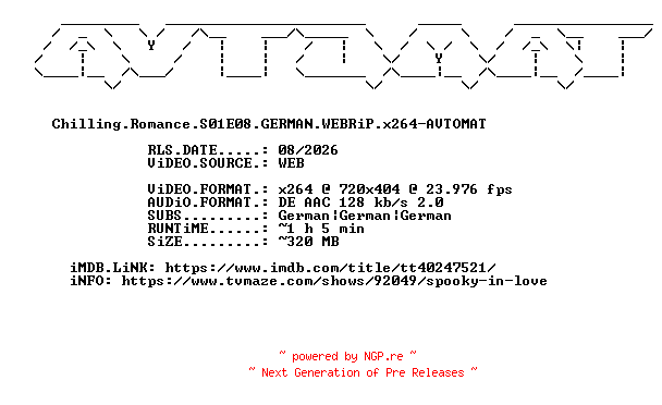 NFO for the release Chilling.Romance.S01E08.GERMAN.WEBRiP.x264-AVTOMAT by AVTOMAT