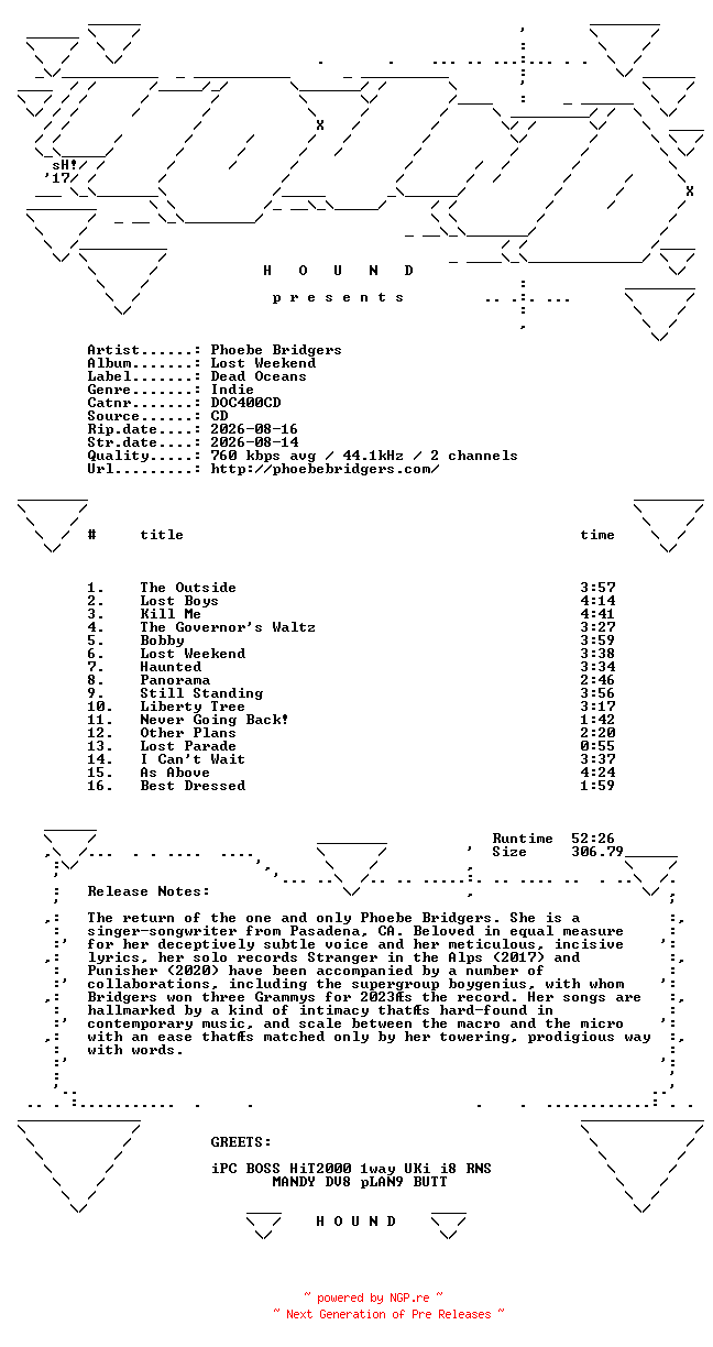 NFO for the release Phoebe_Bridgers-Lost_Weekend-(DOC400CD)-CD-FLAC-2026-HOUND by HOUND