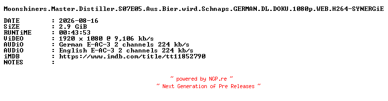 NFO for the release Moonshiners.Master.Distiller.S07E05.Aus.Bier.wird.Schnaps.GERMAN.DL.DOKU.1080p.WEB.H264-SYNERGiE by SYNERGiE