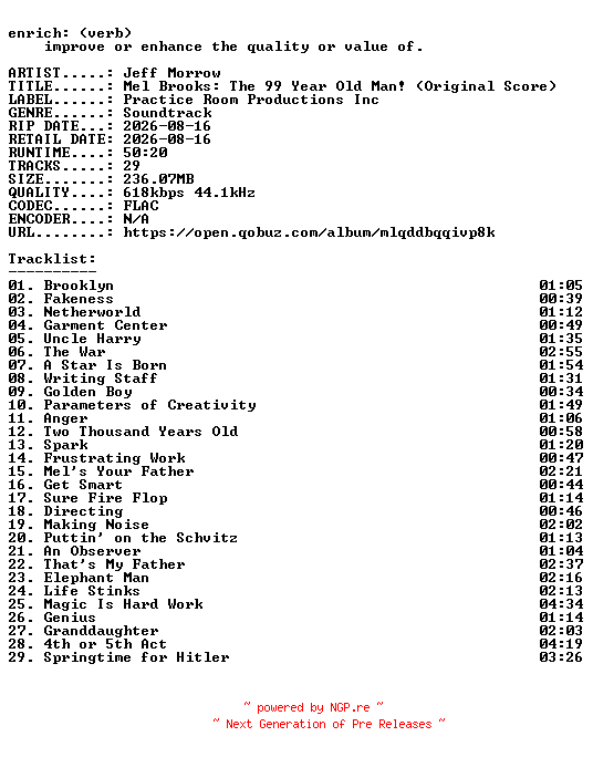 NFO for the release Jeff_Morrow-Mel_Brooks_The_99_Year_Old_Man_(Original_Score)-OST-16BIT-WEB-FLAC-2026-ENRiCH by ENRiCH