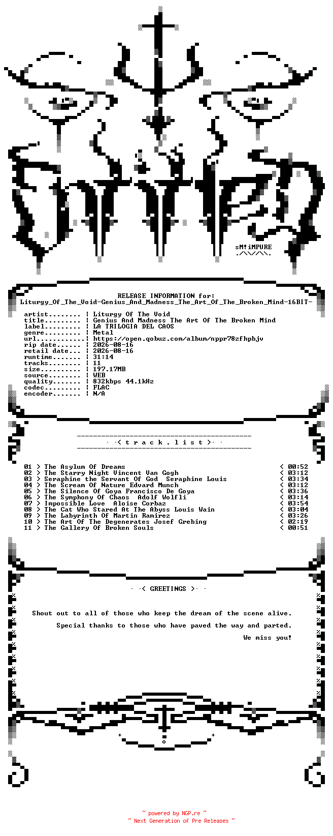 NFO for the release Liturgy_Of_The_Void-Genius_And_Madness_The_Art_Of_The_Broken_Mind-16BIT-WEB-FLAC-2026-ENTiTLED by ENTiTLED