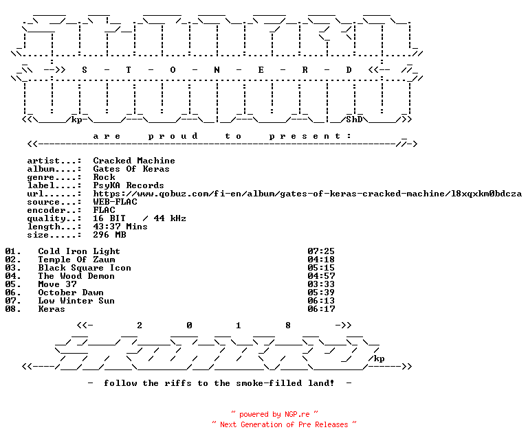 NFO for the release Cracked_Machine-Gates_Of_Keras-16BIT-WEB-FLAC-2020-STONERD by STONERD