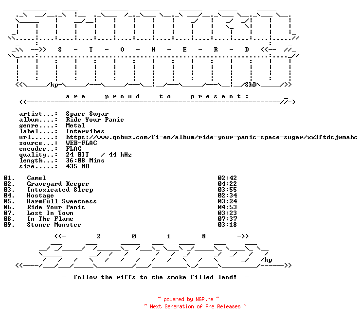 NFO for the release Space_Sugar-Ride_Your_Panic-24BIT-WEB-FLAC-2025-STONERD by STONERD