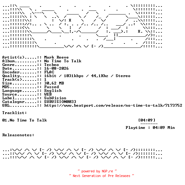 NFO for the release Mark_Reeve-No_Time_To_Talk-SUBVISION0033-SINGLE-16BIT-WEB-FLAC-2026-WAVED by WAVED