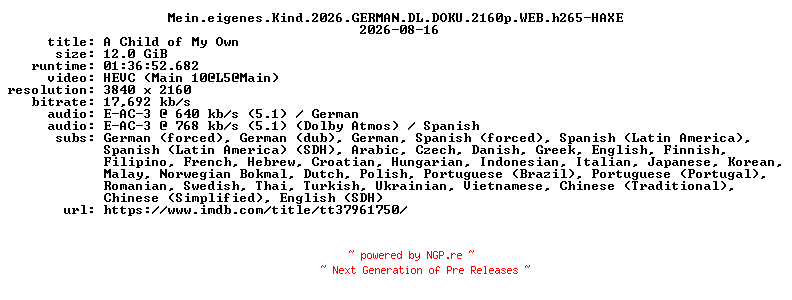 NFO for the release Mein.eigenes.Kind.2026.GERMAN.DL.DOKU.2160p.WEB.h265-HAXE by HAXE