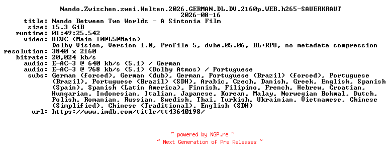NFO for the release Nando.Zwischen.zwei.Welten.2026.GERMAN.DL.DV.2160p.WEB.h265-SAUERKRAUT by SAUERKRAUT
