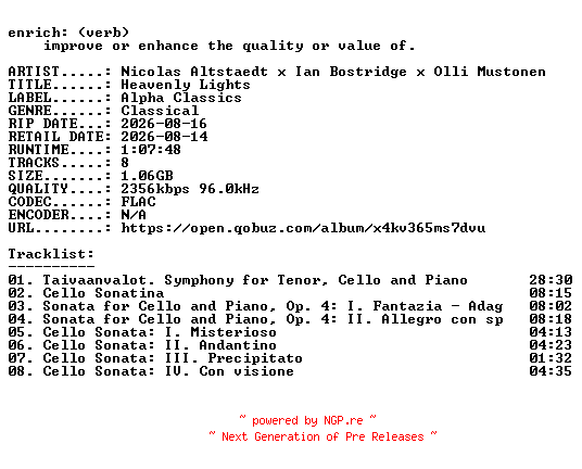 NFO for the release Nicolas_Altstaedt_x_Ian_Bostridge_x_Olli_Mustonen-Heavenly_Lights-24BIT-WEB-FLAC-2026-ENRiCH by ENRiCH