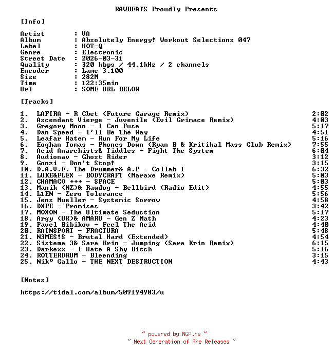 NFO for the release VA-Absolutely_Energy_Workout_Selections_047-16BIT-WEB-FLAC-2026-RAWBEATS by RAWBEATS