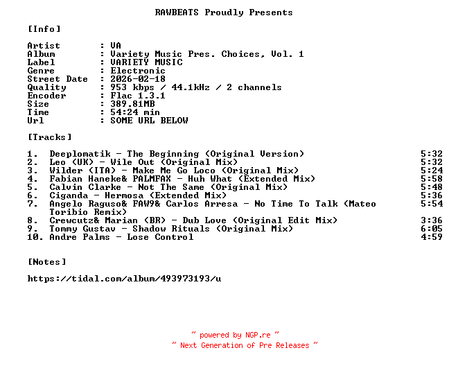 NFO for the release VA-Variety_Music_Pres._Choices_Vol._1-16BIT-WEB-FLAC-2026-RAWBEATS by RAWBEATS