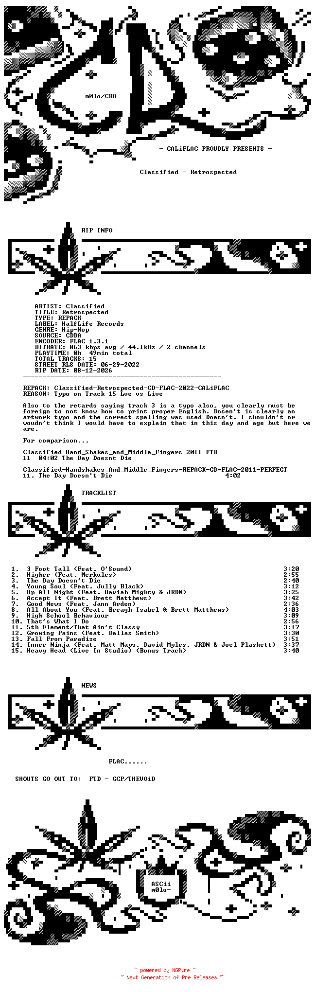 NFO for the release Classified-Retrospected-REPACK-CD-FLAC-2022-CALiFLAC by CALiFLAC