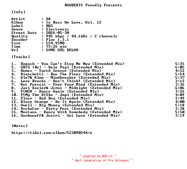 NFO for the release VA-In_Bass_We_Love_Vol._12-16BIT-WEB-FLAC-2026-RAWBEATS by RAWBEATS