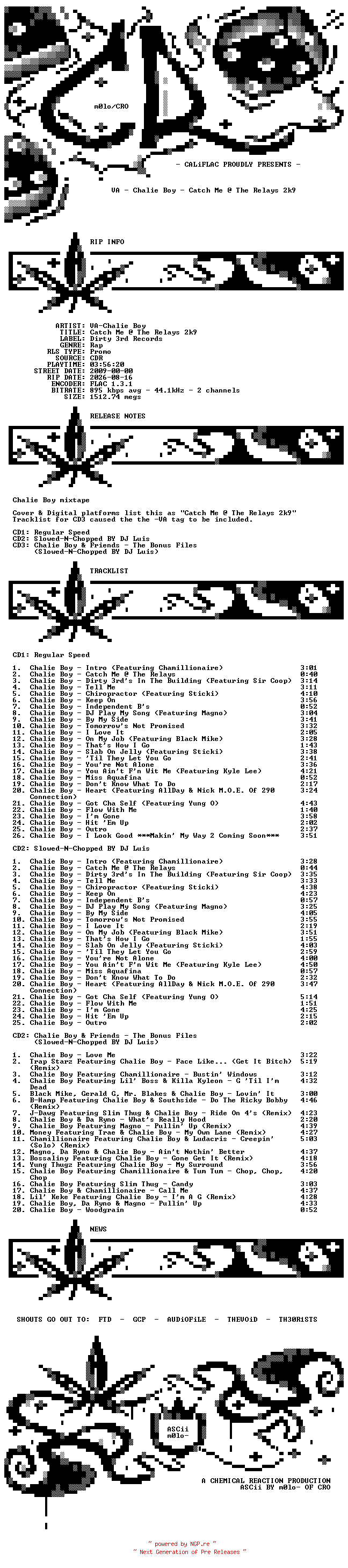 NFO for the release VA-Chalie_Boy-Catch_Me_At_The_Relays_2k9-Promo-3CDR-FLAC-2009-CALiFLAC by CALiFLAC