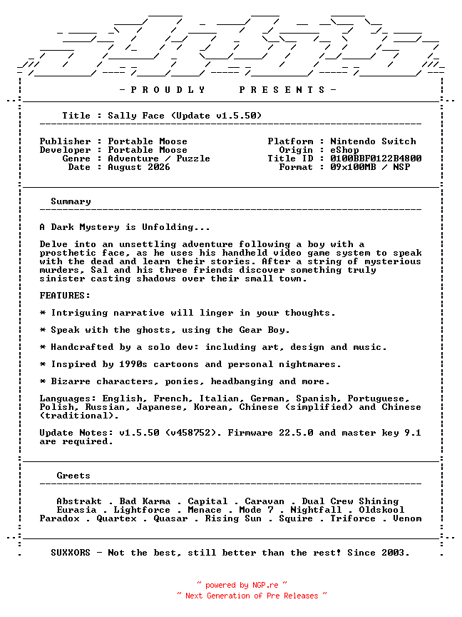 NFO for the release Sally_Face_Update_v1.5.50_NSW-SUXXORS by SUXXORS