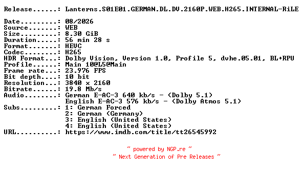 NFO for the release Lanterns.S01E01.GERMAN.DL.DV.2160P.WEB.H265.INTERNAL-RiLE by RiLE