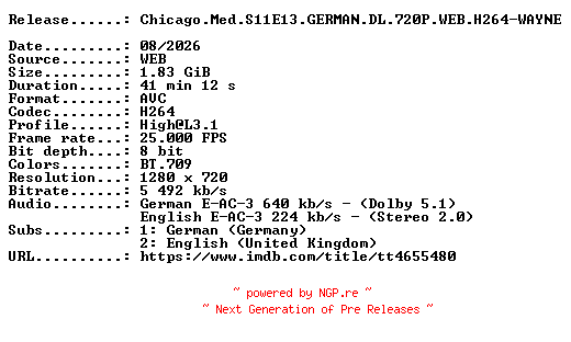 NFO for the release Chicago.Med.S11E13.GERMAN.DL.720P.WEB.H264-WAYNE by WAYNE