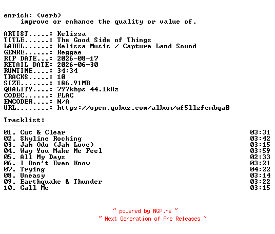 NFO for the release Kelissa-The_Good_Side_of_Things-16BIT-WEB-FLAC-2026-ENRiCH by ENRiCH