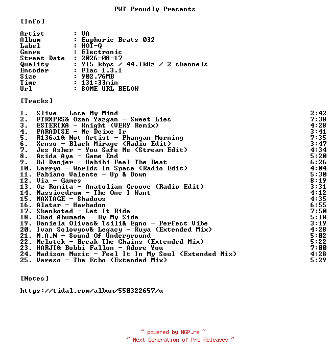 NFO for the release VA-Euphoric_Beats_032-16BIT-WEB-FLAC-2026-PWT by PWT
