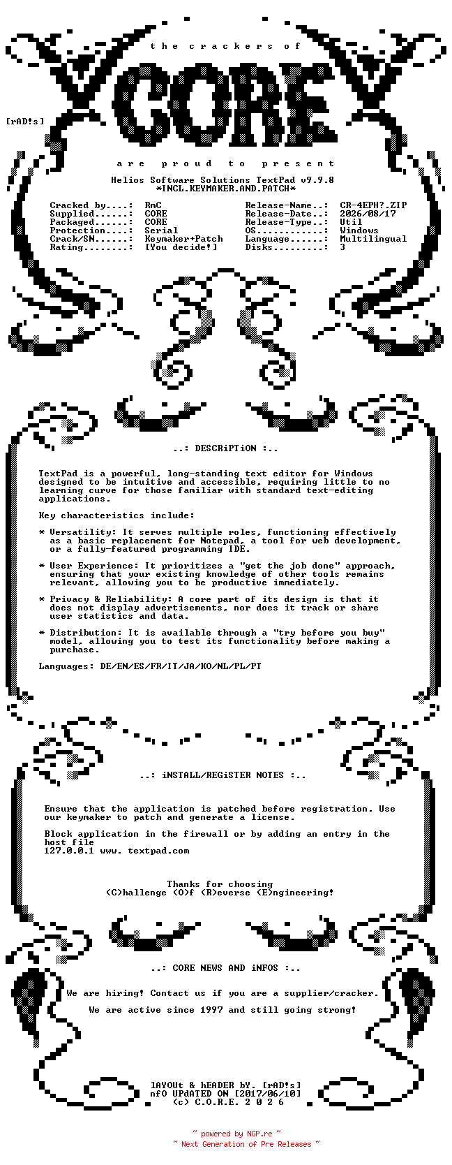 NFO for the release Helios.Software.Solutions.TextPad.v9.9.8.ARM64.Multilingual.Incl.Keymaker.and.Patch-CORE by CORE