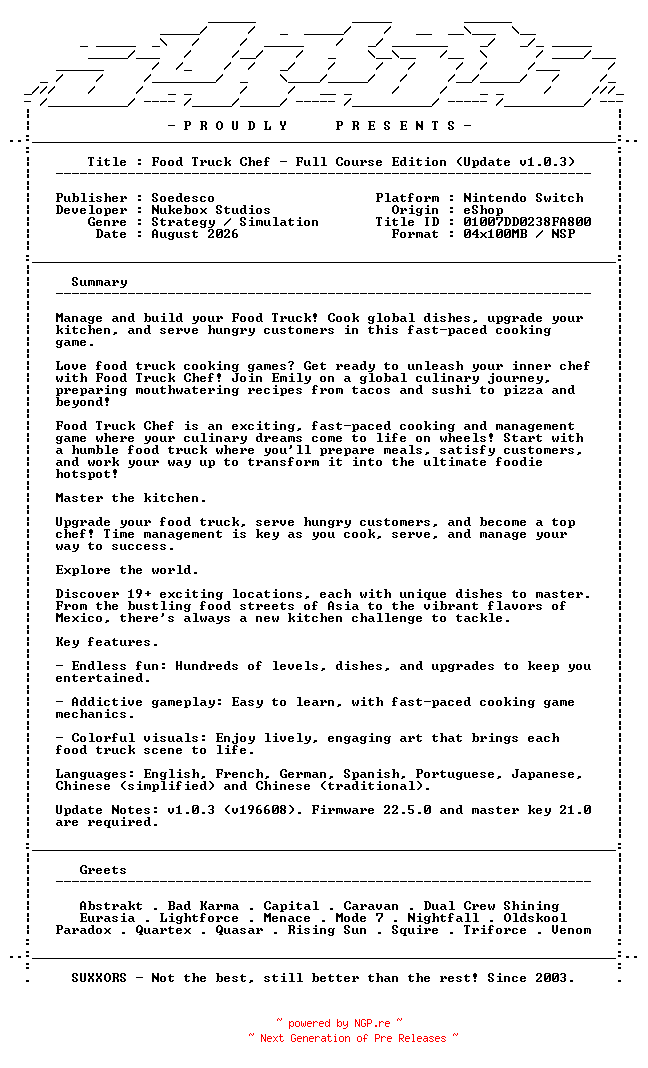NFO for the release Food_Truck_Chef_Full_Course_Edition_Update_v1.0.3_NSW-SUXXORS by SUXXORS