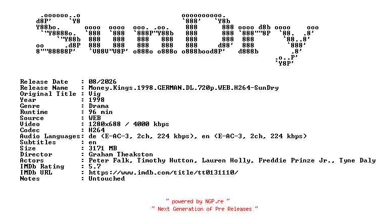NFO for the release Money.Kings.1998.GERMAN.DL.720p.WEB.H264-SunDry by SunDry