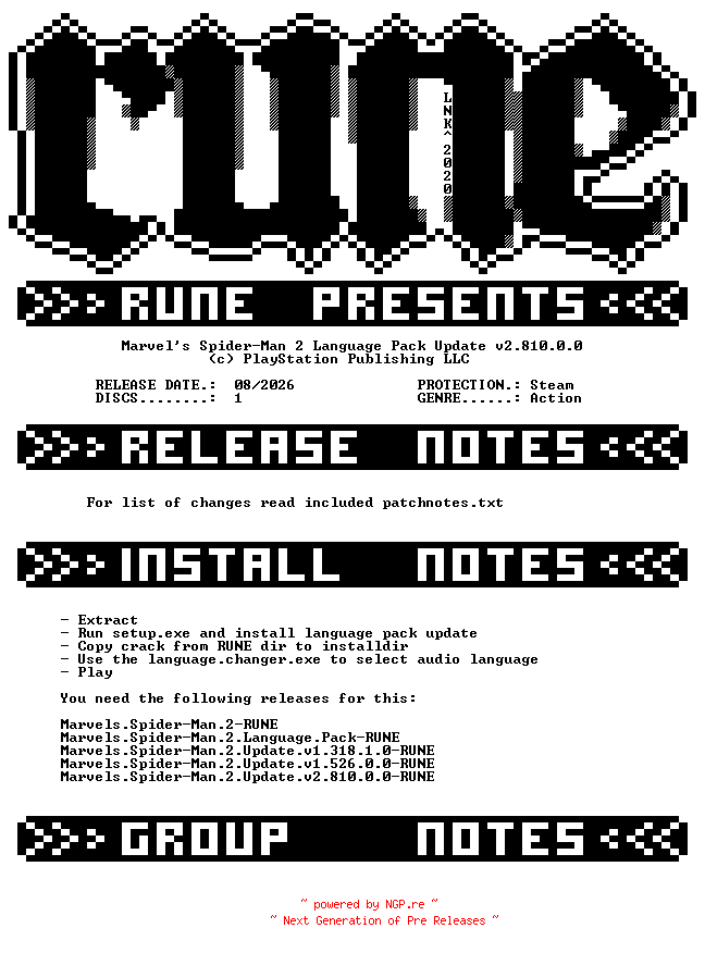 NFO for the release Marvels.Spider-Man.2.Language.Pack.Update.v2.810.0.0-RUNE by RUNE